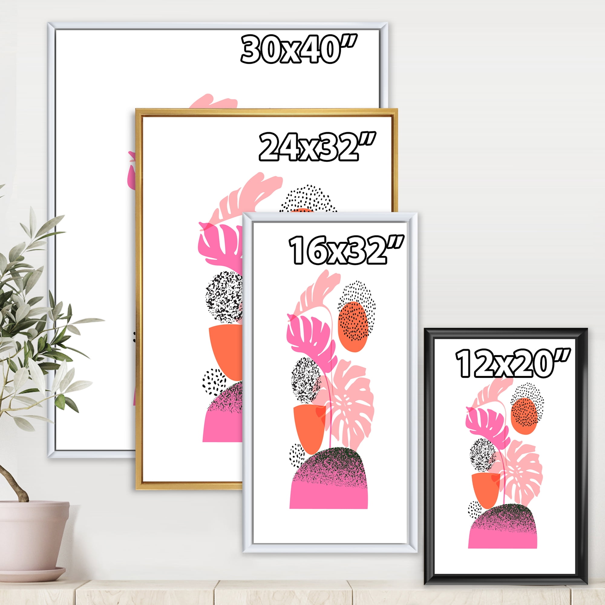 Designart 'Geometric Sun and Moon Shapes With Tropical Leaves' Modern Framed Canvas Wall Art Print