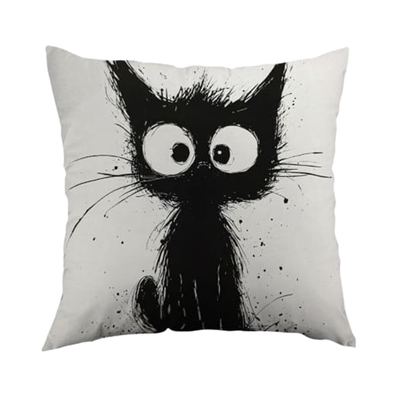 Cute Cat Pillow Covers, Black Cat Line Art Doodle Cartoon Throw Pillows Cover, Sofa Couch Pillow Cases for Farmhouse Indoor Home Decor (18x18in)