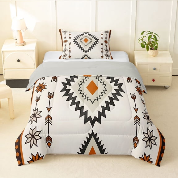 Homewish Bohemian Geometric Rhombus Twin Comforter Sets,Boho Exotic Style Bedding Set,Beige,Light Gray Reversible,2 Pieces,1 Comforter and 1 Pillowcase