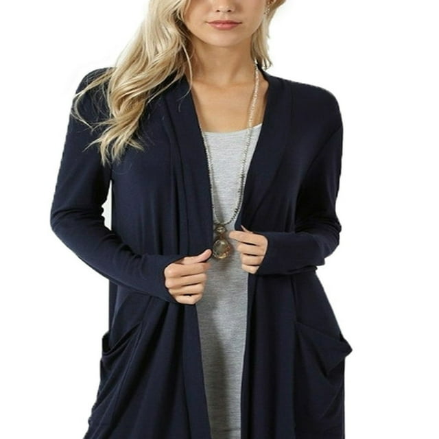 Womens Long Sleeve Cardigan Pockets Plus Size Open Front Jackets Plain Outerwear