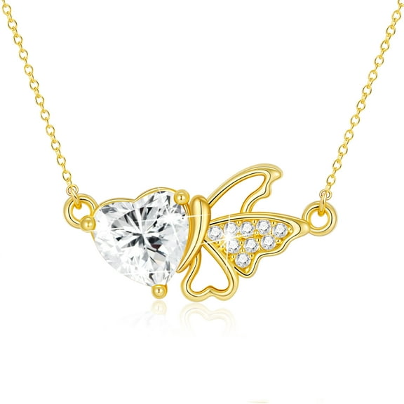 APSVO 18K Gold Plated Butterfly Love Heart Necklaces for Women Girls CZ April Birthstone Pendant with Crystal Birthday Graduation Mothers Day Jewelry Gifts Teen Mom Her Adult Wife Kids Age Ideas