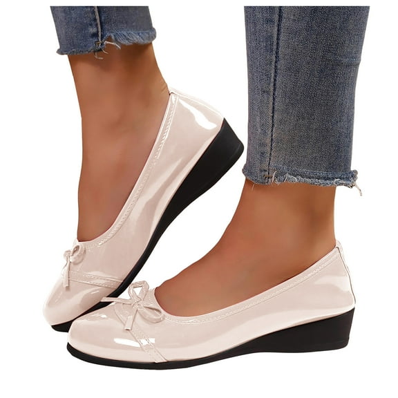 Womens Slip On Wedge Bow Knot Ballet Flat Shoes Patent Leather Casual Dress Shoes Solid Color Non Slip Loafers White Size 6.5