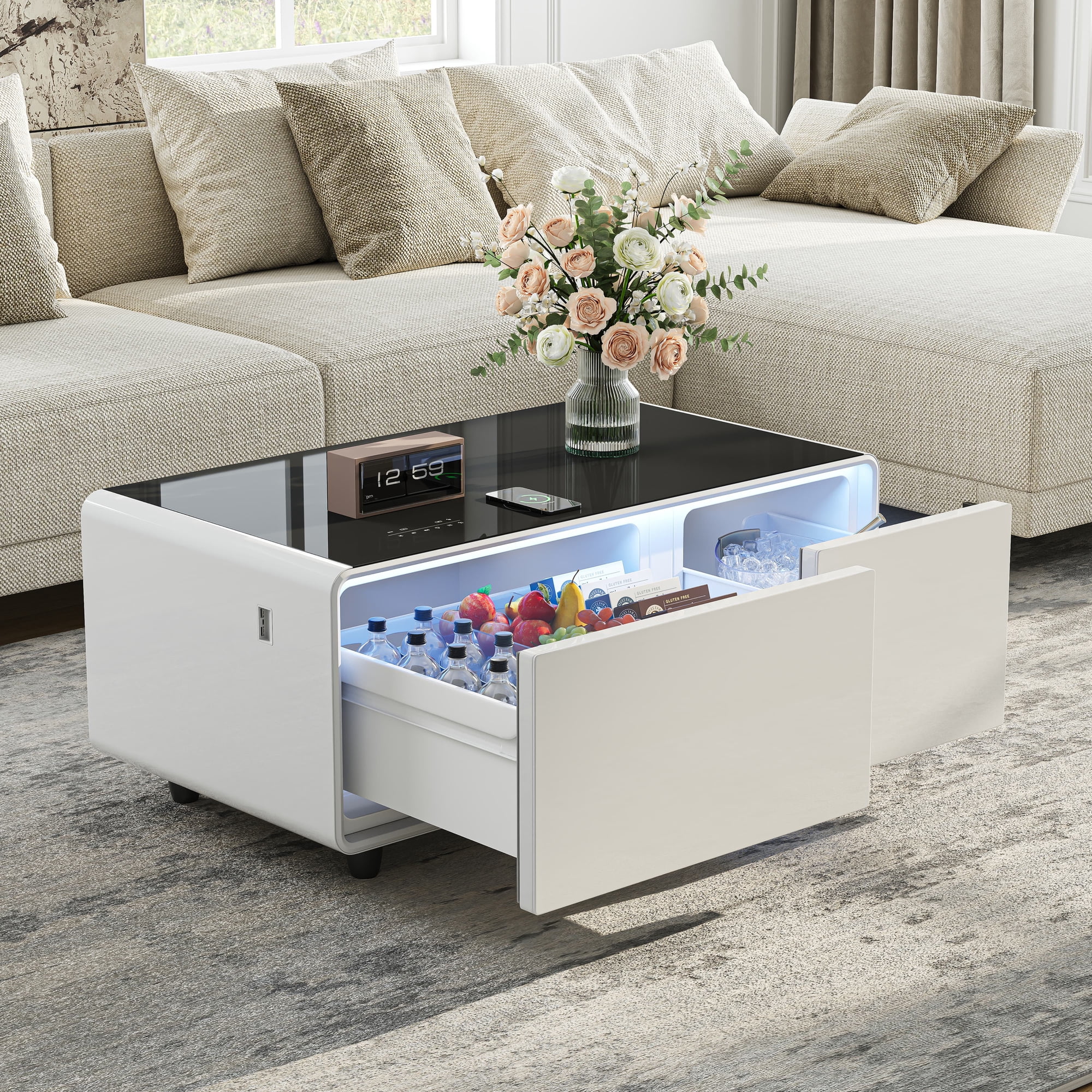 41" Smart Coffee Table with 93L Built-in Fridge & Freezer, Bluetooth Speaker, Touch Control, 15W Wireless Charging, USB Ports, LED Light (White)