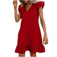 thumbnail image 1 of FAIWAD Summer Dresses for Women Cap Sleeve Ruffle Hem Smock Short Dress Solid Color Casual Flowy Dresses, 1 of 5