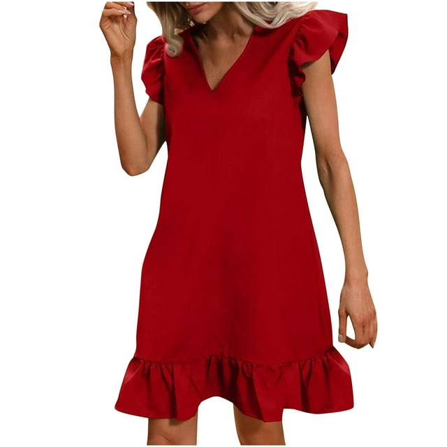 AherBiu Robe d'Été pour Femmes, Épaules à Volants, Col en V, Tenue de Plage, Vacances, Coupe Droite, Midi, Courte