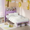 thumbnail image 2 of Yoneston 12" Twin Metal Bed Frame with 2-Tier Storage Headboard for Girls, Heavy Duty Platform Bed Frame No Box Spring Bedroom Furniture, Light Purple, 2 of 10