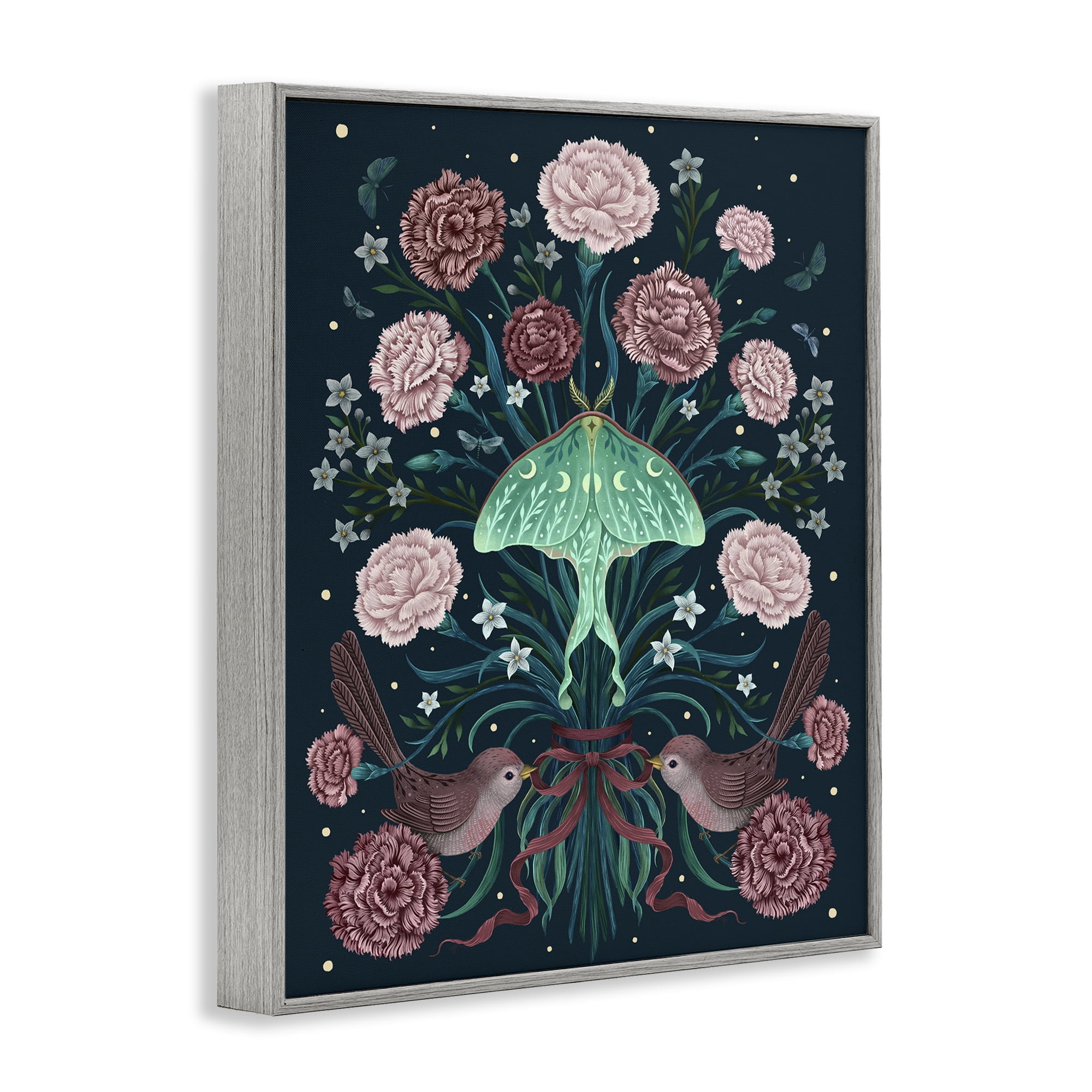 Stupell Industries January Carnations & Moth Gray Framed Giclee Art, design by Episodic Drawings