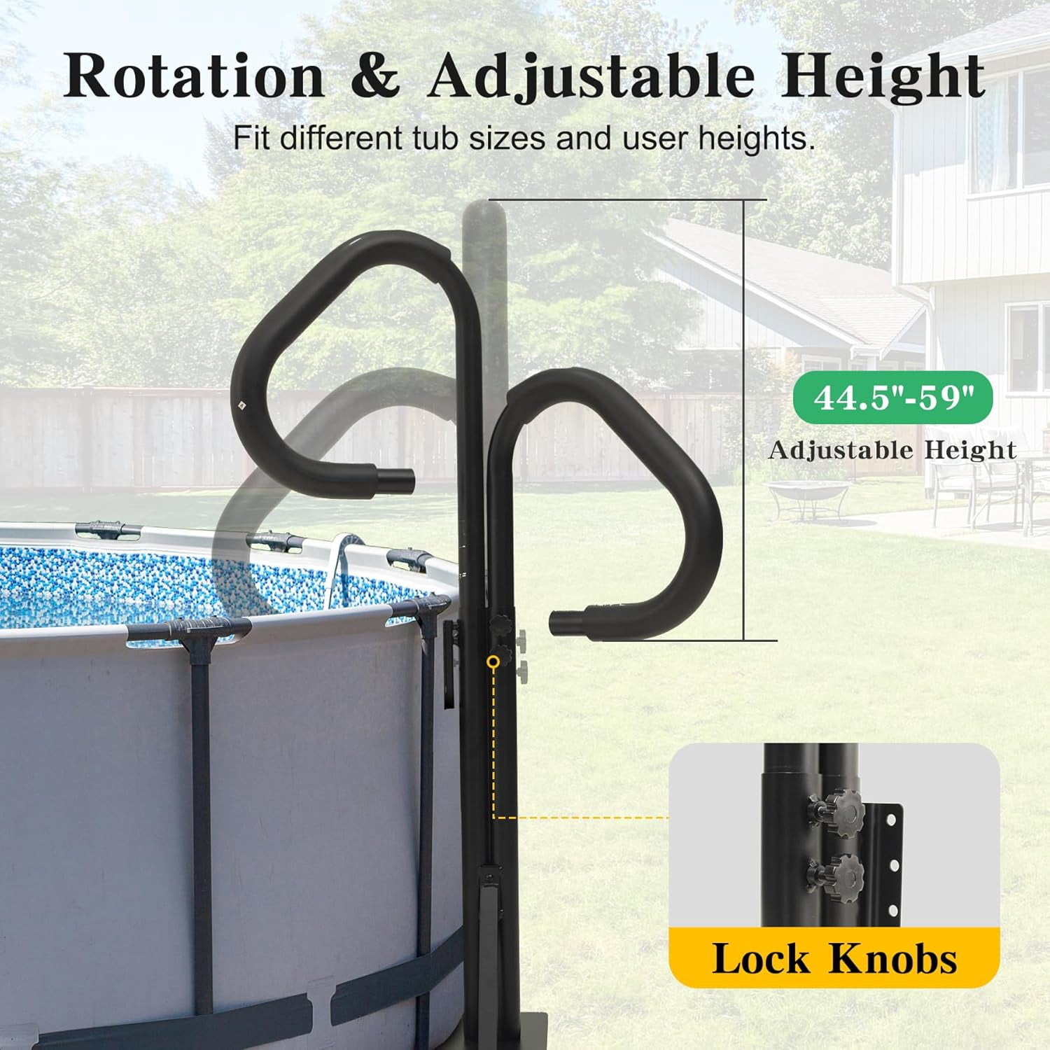 Domi Outdoor Living Two-Way Adjustable Hot Tub Handrail, 44”-60” Aluminum Spa Rail with 360° Swivel, Safety Side Handle with Slide-Under Base, Fits Most Spas, 600 lbs Capacity