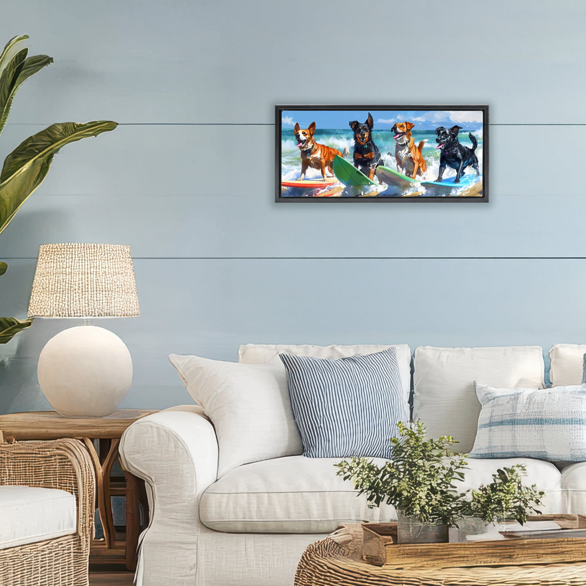 Stupell Industries Dogs on Surfboards Summer Fun Black Framed Floater Canvas Wall Art, design by Creative Studio