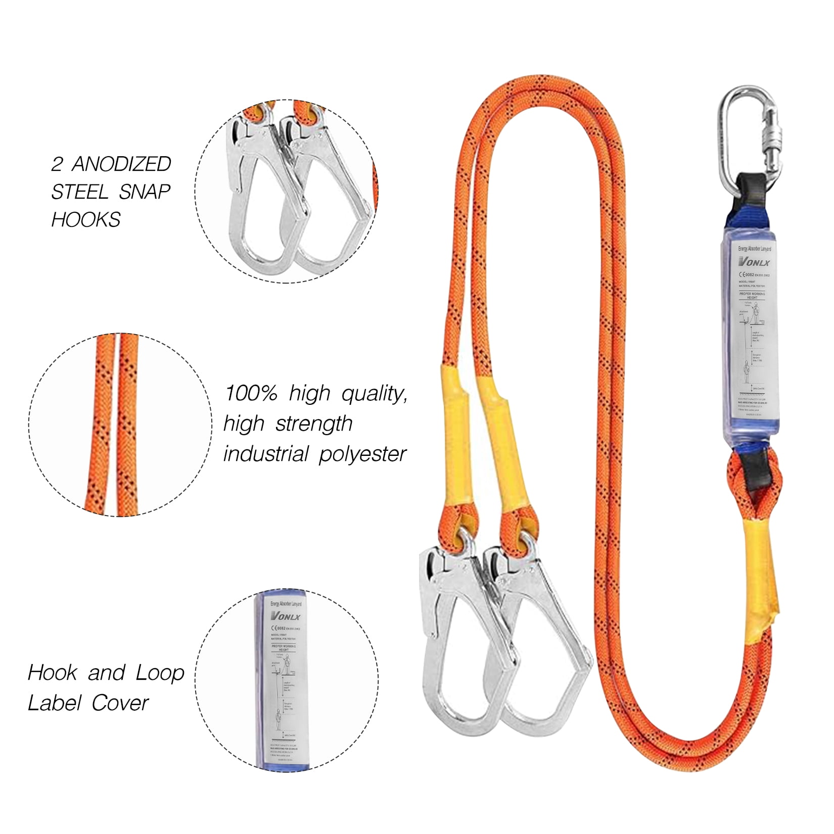 Vonlx Industrial Fall Protection Harness with Shock Absorbing Lanyard, Comfort Pad, and D-Ring, Blue, 1 Piece