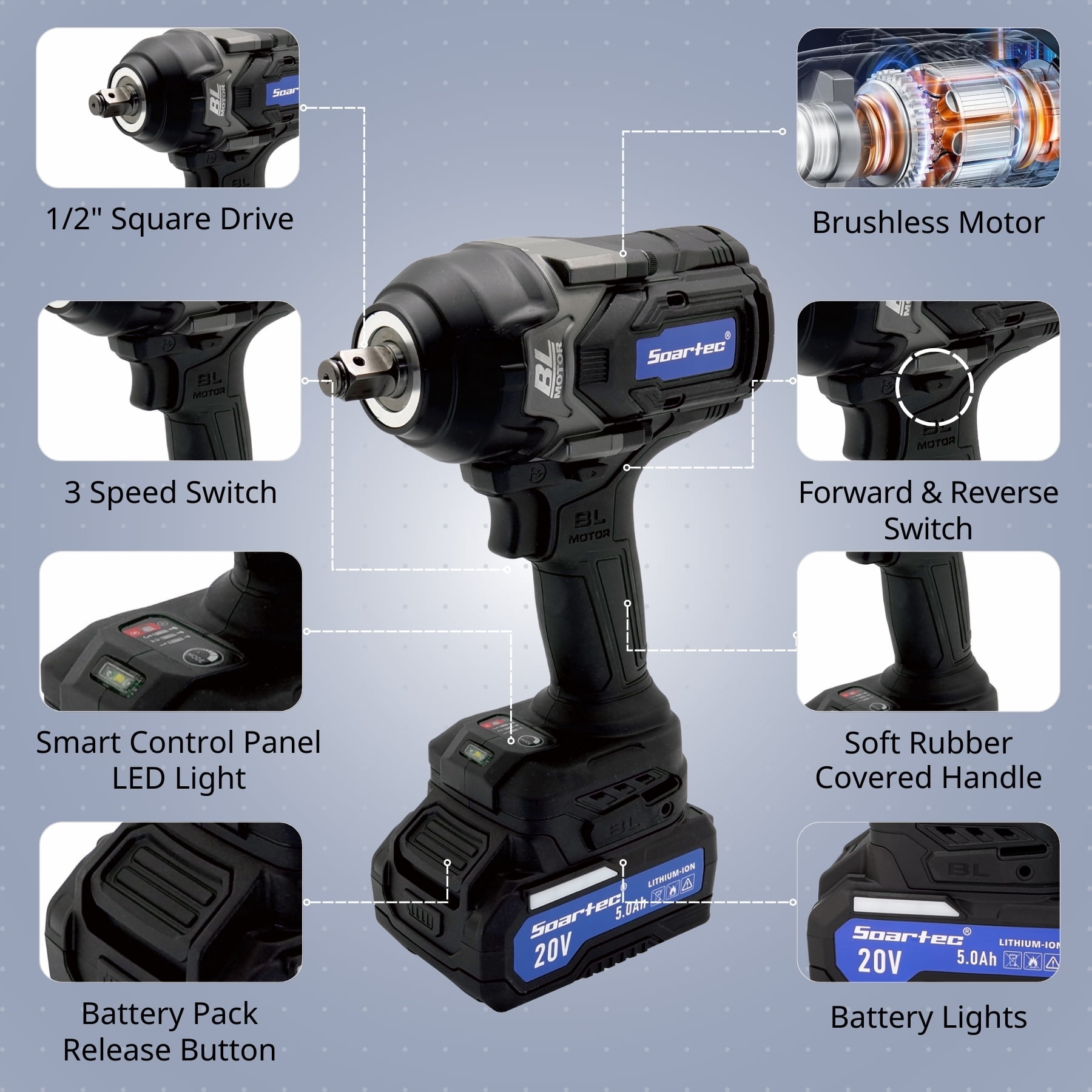 Soartec 1/2" 20V Cordless Impact Wrench 850N.M. Brushless Motor