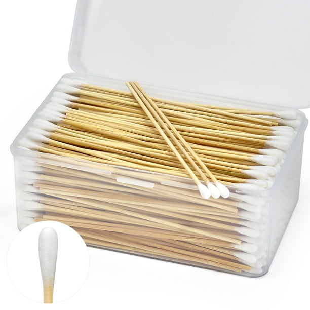 500 hisopos de algodón de 6.0 in de largo en caja de almacenamiento – Hisopo de limpieza fuerte con mango de madera – Hisopos de algodón sin pelusa con palos de madera – Aplicadores con punta de algod