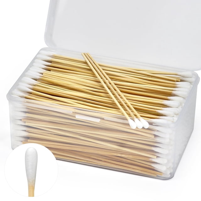 500 hisopos de algodón de 6.0 in de largo en caja de almacenamiento – Hisopo de limpieza fuerte con mango de madera – Hisopos de algodón sin pelusa con palos de madera – Aplicadores con punta de algod
