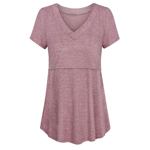 Ohufall Women's Maternity Nursing Tops Fashion Solid V-neck Breastfeeding Tee Shirts Flowy Double Layer Short Sleeve Pregnancy Shirts for Women