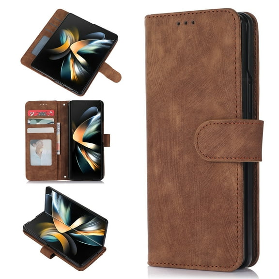 SaniMore for Samsung Galaxy Z Fold 4 7.6" 2022 Case, PU Leather Flip Fold Wallet Cover, Detachable Wrist Strap, Card Slots Cash Pocket, Shockproof Full Protective Shell, Brown
