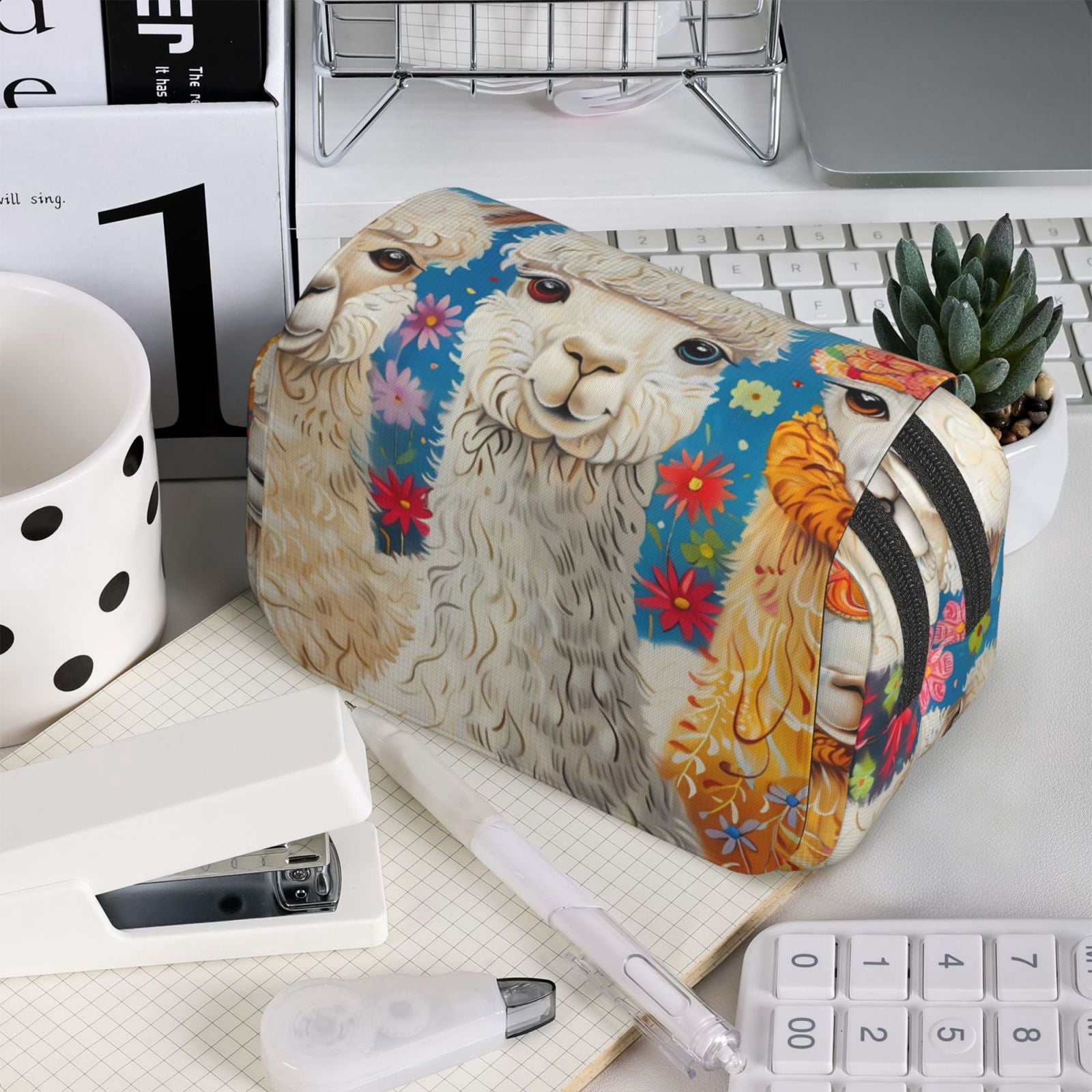 Large-Capacity Flip-Top Double-Layer Pencil Case, Multi-Functional Pocket Pen Case, Durable Stationery Organizer Cute Llamas Alpacas (6)