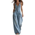 thumbnail image 2 of Kctiaxy Womens Jumpsuit Sleeveless V Neck Button Wide Leg Denim Rompers Solid Color Fashion Casual Jean Pants, 2 of 5