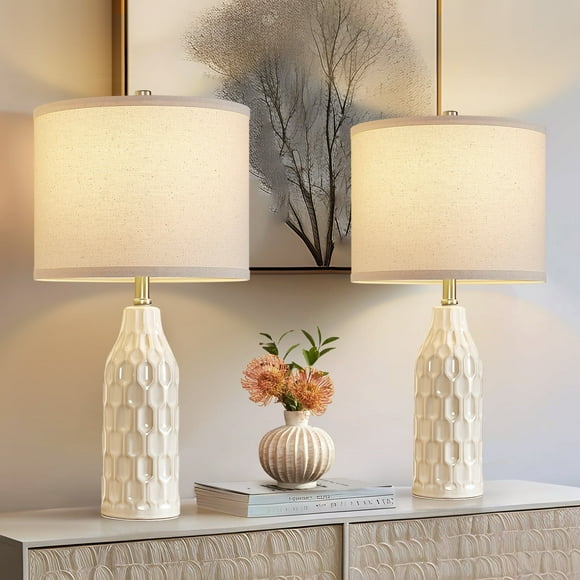 NATYSWAN 24.8" Ceramic Table Lamps Set of 2 for Nightstand - 3 Colour Temperature&Bulbs Included, Bedside Lamps for Living Room Bedroom Home Office Table Decor, White