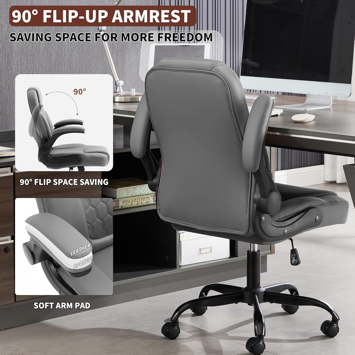 Nexthro Executive Office Chair PU,Leather Office Chair with Wheels,360° Swivel Rolling Chair with Padded Arms,Ergonomic Computer Chair with Lumbar Support for Short People Use(Gray)