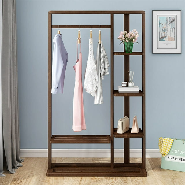 Wisfor 5 Tier Bamboo Clothes Rail Rack Portable Open Wardrobe for Hanging Clothes Garment Rack Stand