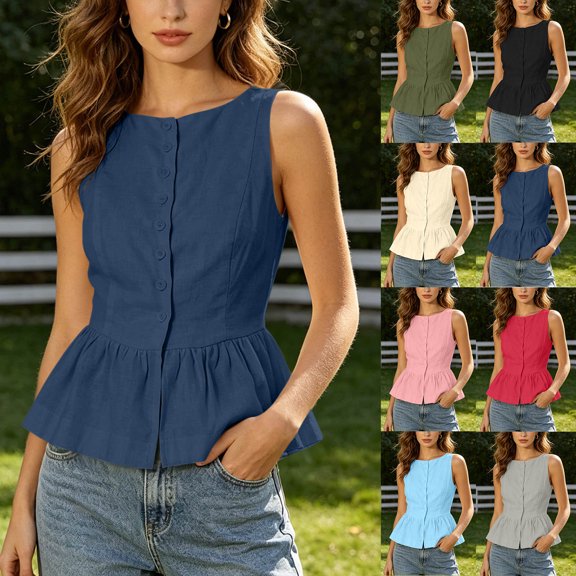 HomeDM Tank Tops for Women Crew Neck Button Down Peplum Tops Summer Cotton Linen Sleeveless Casual Flared Hem T-Shirts Navy Size L
