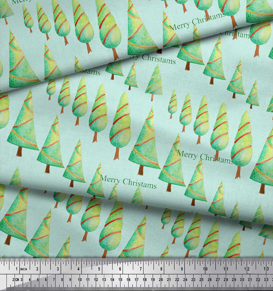 Soimoi Green Georgette Viscose Fabric Text & Christmas Tree Print Fabric by the Yard 42 Inch Wide