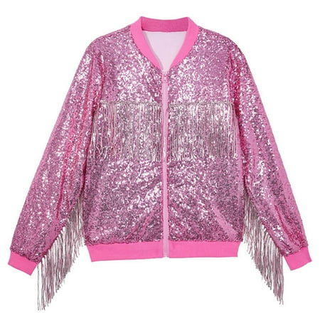 

Girls Sequin Bomber Jacket Shiny Coat Contrast Sequin Long Sleeve Baseball Collar Zip Up Bomber Jacket 2-14Y