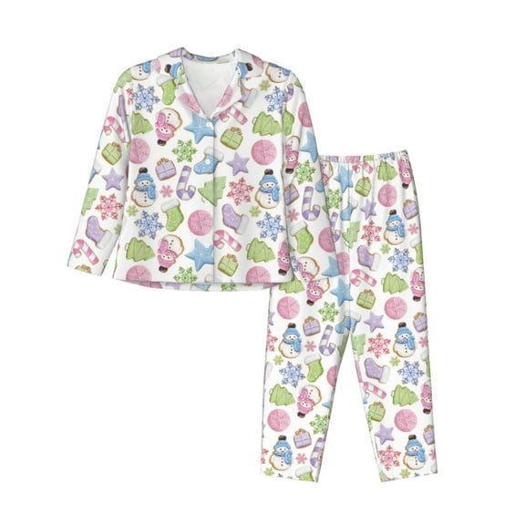 Hirioo Pastel Christmas Cookies for Women's Pajama Sets 2 Piece Pjs Women's Long-Sleeved Pajama Set Button Down Sleepwear,S-XXL-