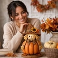 thumbnail image 4 of Fall Scarecrow Pumpkin Figurine Set 3 Piece, Resin Tabletop Decor with Welcome Fall and Happy Signs, Vintage Straw Maple Sunflower Statue for Mantel Shelf and Porch, Thanksgiving Halloween Gift, 4 of 6
