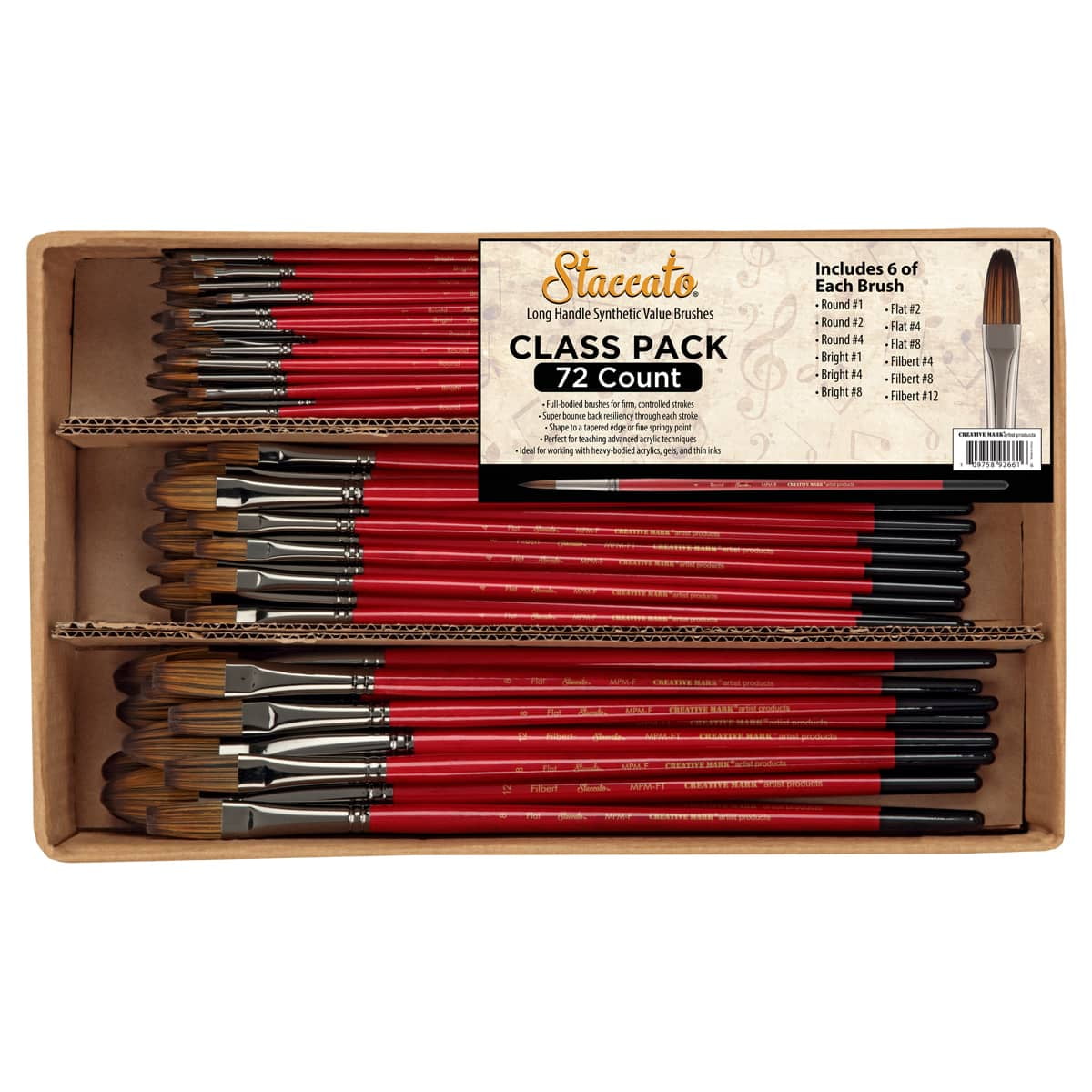 Creative Mark Staccato Artist Paintbrush - Assorted Shapes and Sizes - Bulk Pack of 72 - Synthetic Long Handled Brushes For Acrylic Paints, Handmade and Full Bodied With Springy Response