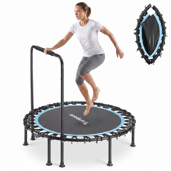 Trampoze 40" Fitness Mini Trampoline Rebounder, 330 LBS Foldable with Adjustable Foam Handrail, Silent Blue Exercise Trampoline for Adults Indoor Outdoor Workout