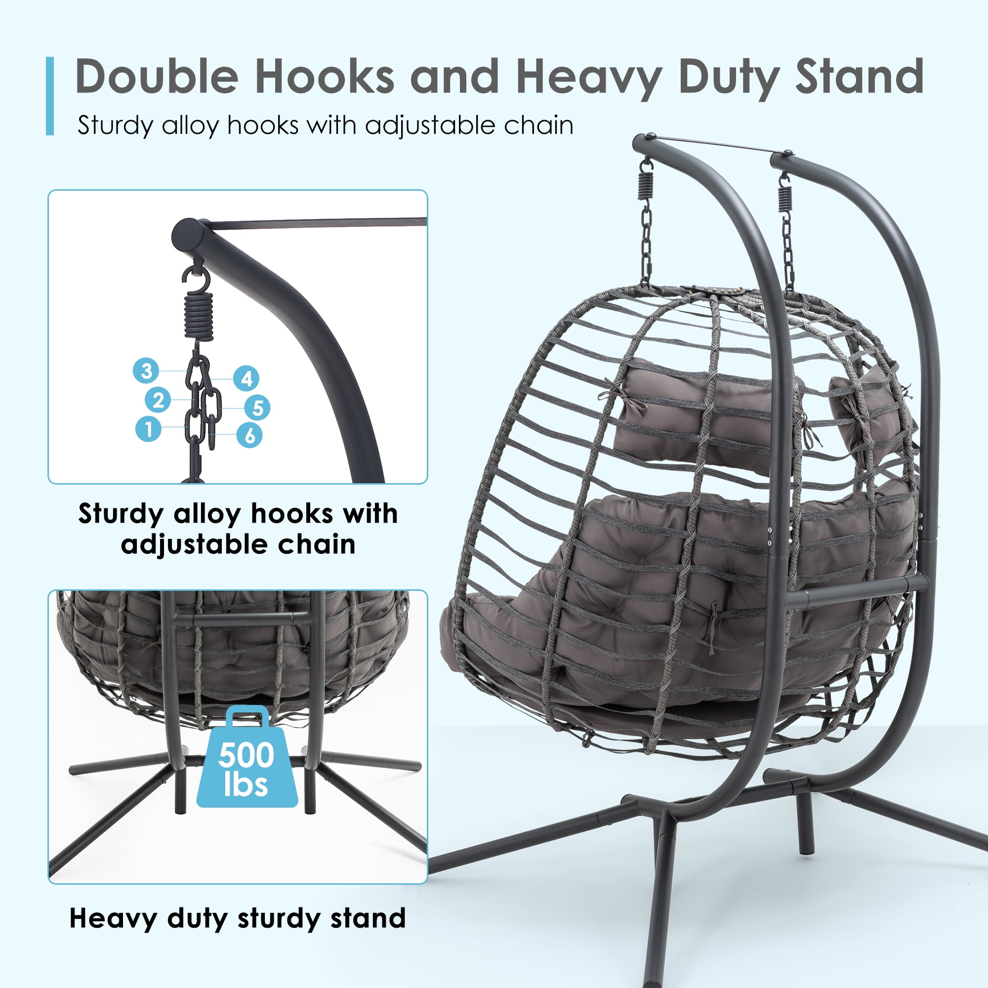 Brafab Double Wicker Swing Egg Chair Hammock Foldable Hanging Loveseat with Stand and Removable Fluffy Cushions, 450LBS Capacity for Bedroom, Balcony, Yard, Dark Grey