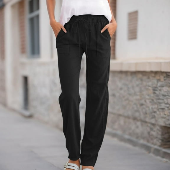 SNKSDGM Women's Plus Beach Pants for Women 2025 Vacation Linen Pants Women Summer Slit Women High Waisted Wide Leg Pants Casual Drawstring Elastic Trousers Comfy Straight Leg Long Pants with Pockets