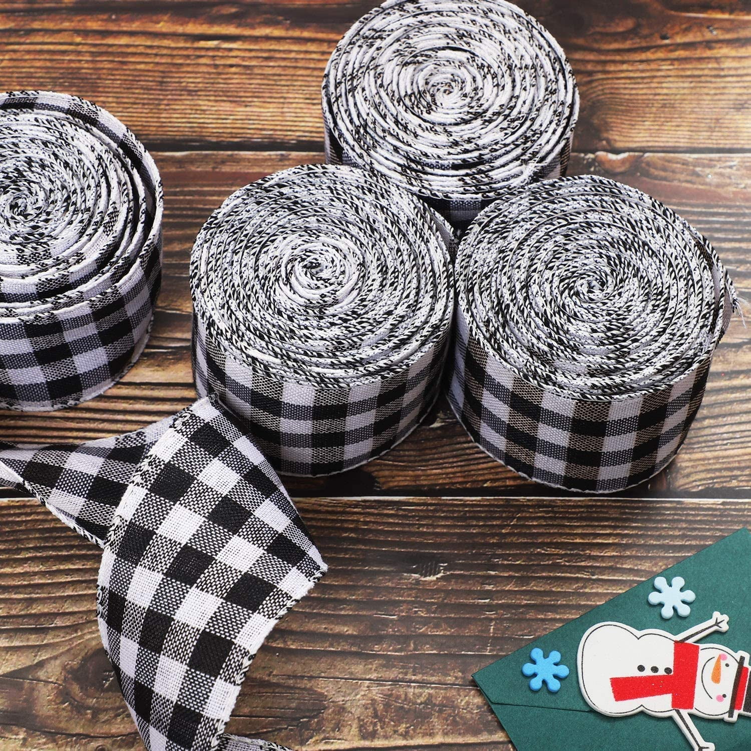White and Black, 6.3cm x 6m Christmas Wreaths Craft 4 Rolls White and Black Plaid Burlap Christmas Wrapping Ribbon Gingham Christmas Tree Bows Wired Plaid Ribbon for Crafts Decoration