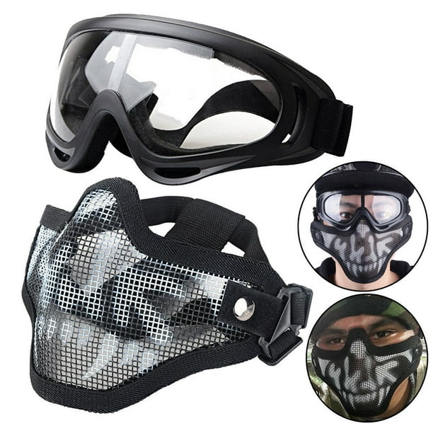 Black Steel Mesh Half Face Skull Mask with X400 UV Goggles Airsoft