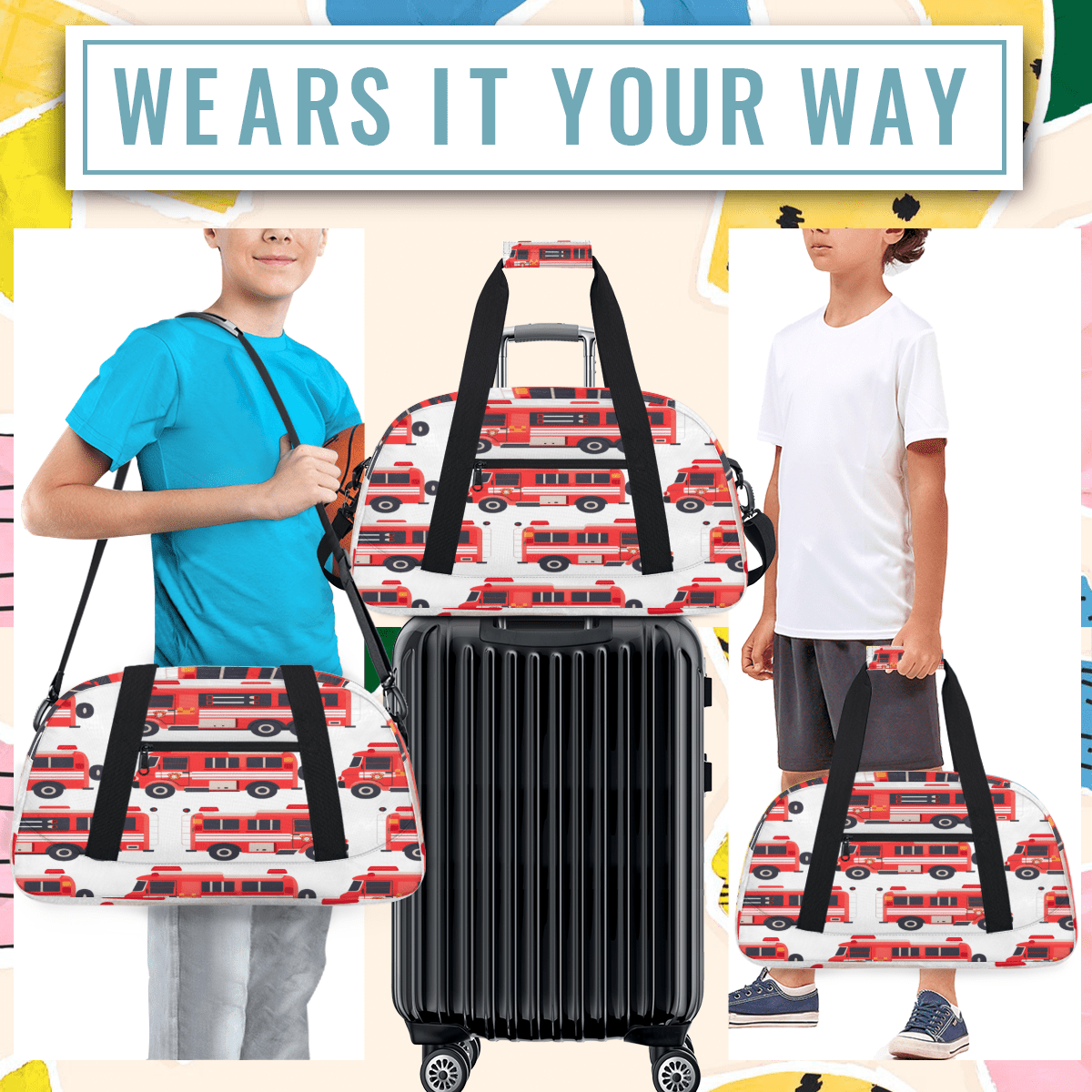 Herdesigns Fire Trucks Sports Duffle Bag for Women & Men, Car Gym Bag Dance Bag Overnight Bag Carry On Weekender Travel Bag