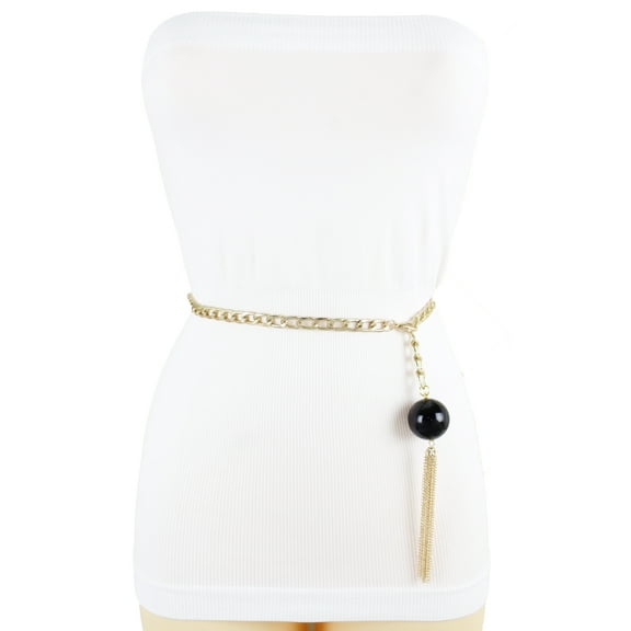 Women Gold Metal Chain Long Fringes Tassel Black Ball Bead Fashion Belt XS S M