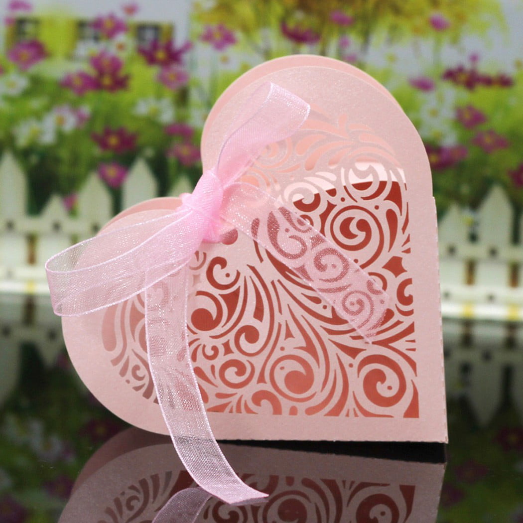 50pcs Love Heart Bird Laser Cut Gift Box with Ribbon Favour Cake Candy Wedding 