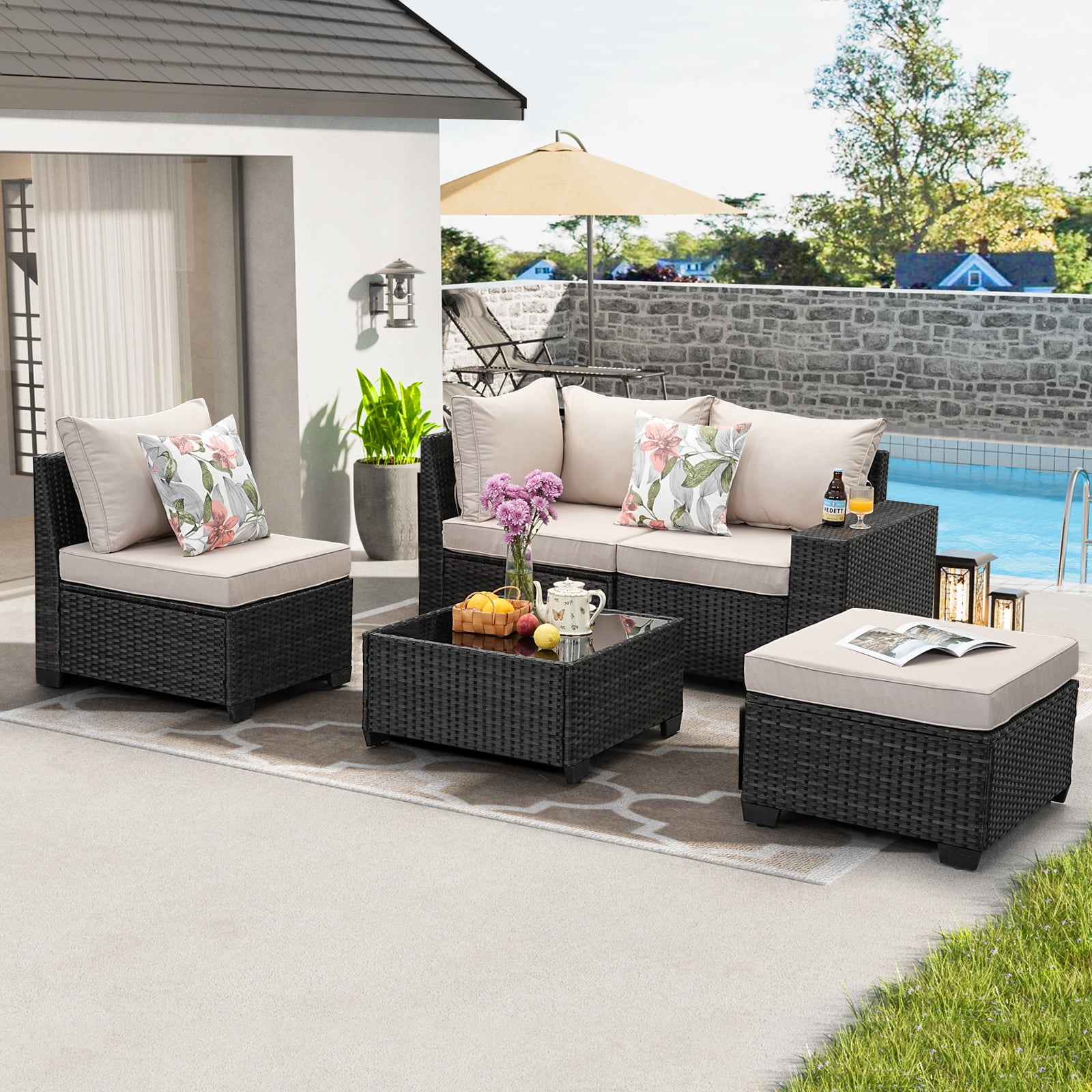 JOYURE 5 Pieces Patio Furniture set All-Weather Outdoor Wicker Sectional Conversation Sofa Rattan patio seating sofa with cushion and Glass Table and Ottoman for Porch Poolside,Beige