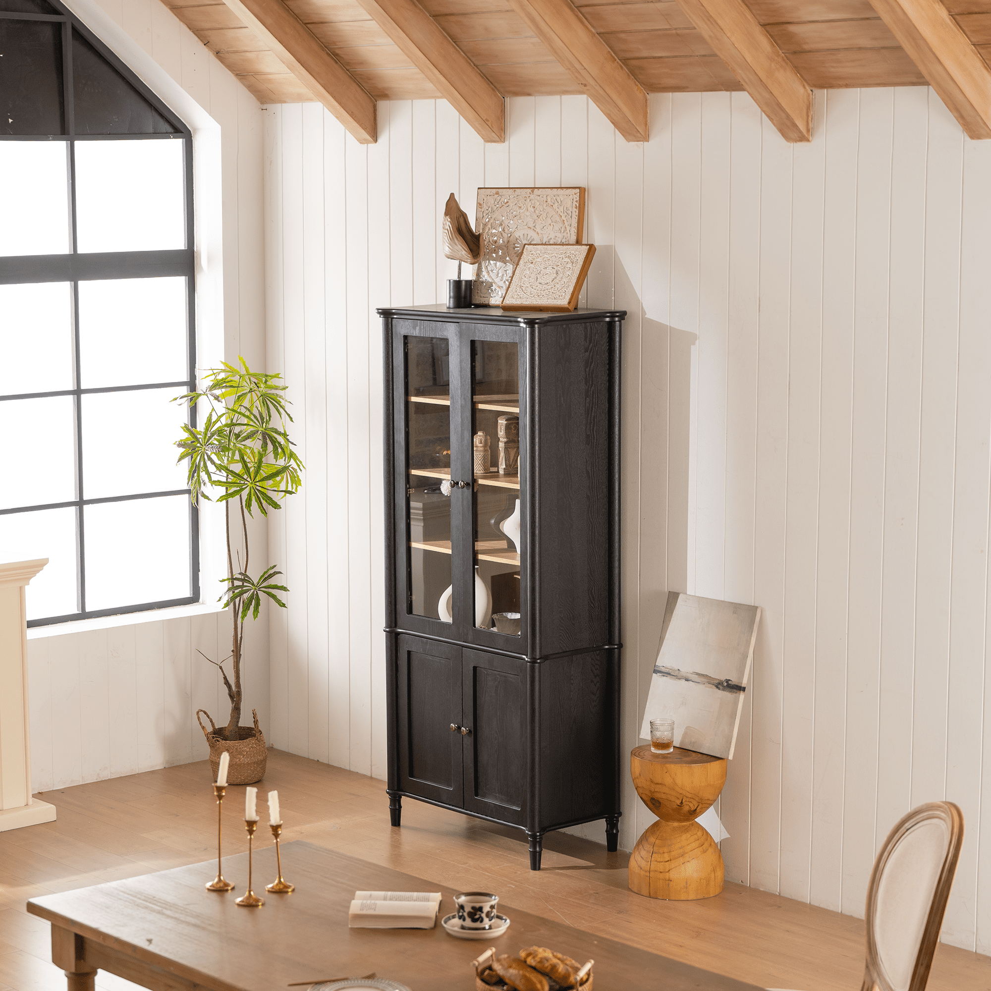 Euroco Vintage Display Cabinet with Storage Mid‑Century Modern Curio Cabinet Glass Doors 4 Adjustable Shelves Black Natural Two‑Tone 73.25 inch H
