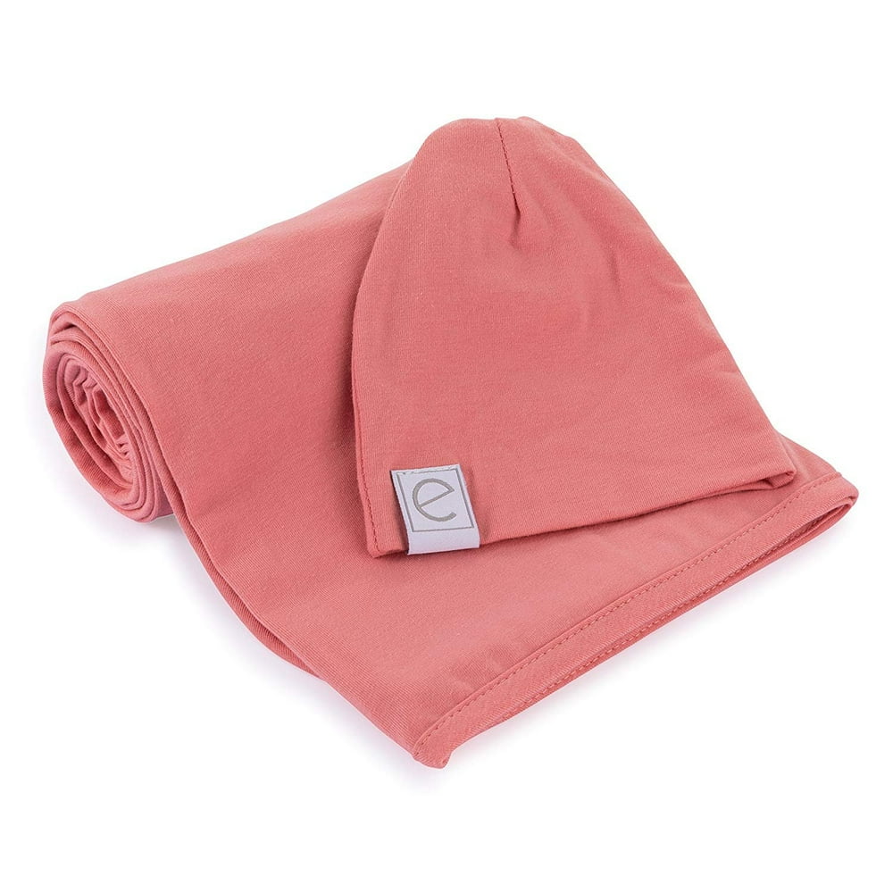 Cotton Knit Jersey Swaddle Blanket and Beanie Gift Set, Large Receiving