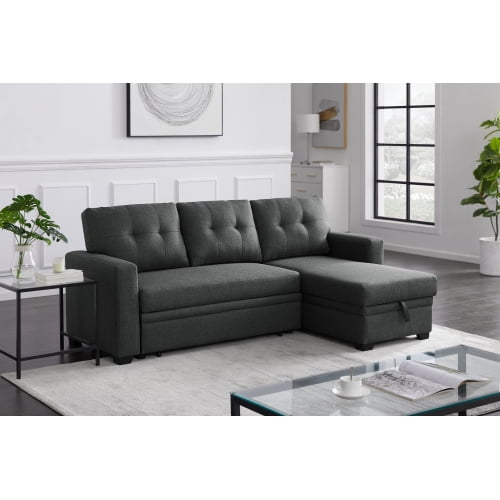 BSHTI Dark Gray Linen Sectional Pull Out Sleeper Sofa Bed with Storage Chaise for Living Room, L-Shaped Couch with Ottoman, 3-Seat Sleeper Sofa Modern Style Wood Frame Sofa Couch