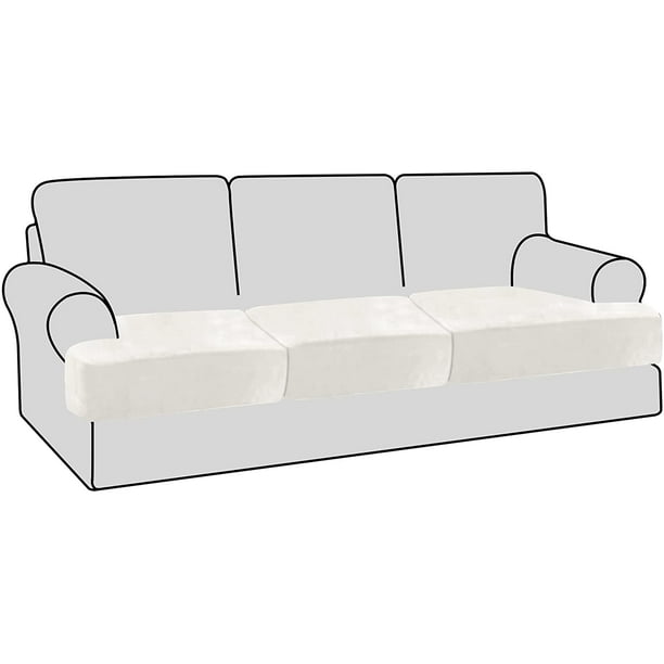 Stretch Velvet 3 Piece T Cushion Sofa Slipcovers Individually Covers For Couch Seat Stay With Elastic Bands Off White Com Cushion Couch Seat Covers, 3 Seat T Cushion Sofa Covers