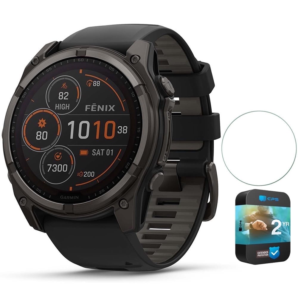 Garmin 010-02906-10 Fenix 8 47 mm Solar Sapphire Carbon Gray DLC Titanium with Black/Pebble Gray Bundle with Round Tempered Glass Screen Protector and 2 YR CPS Enhanced Protection Pack