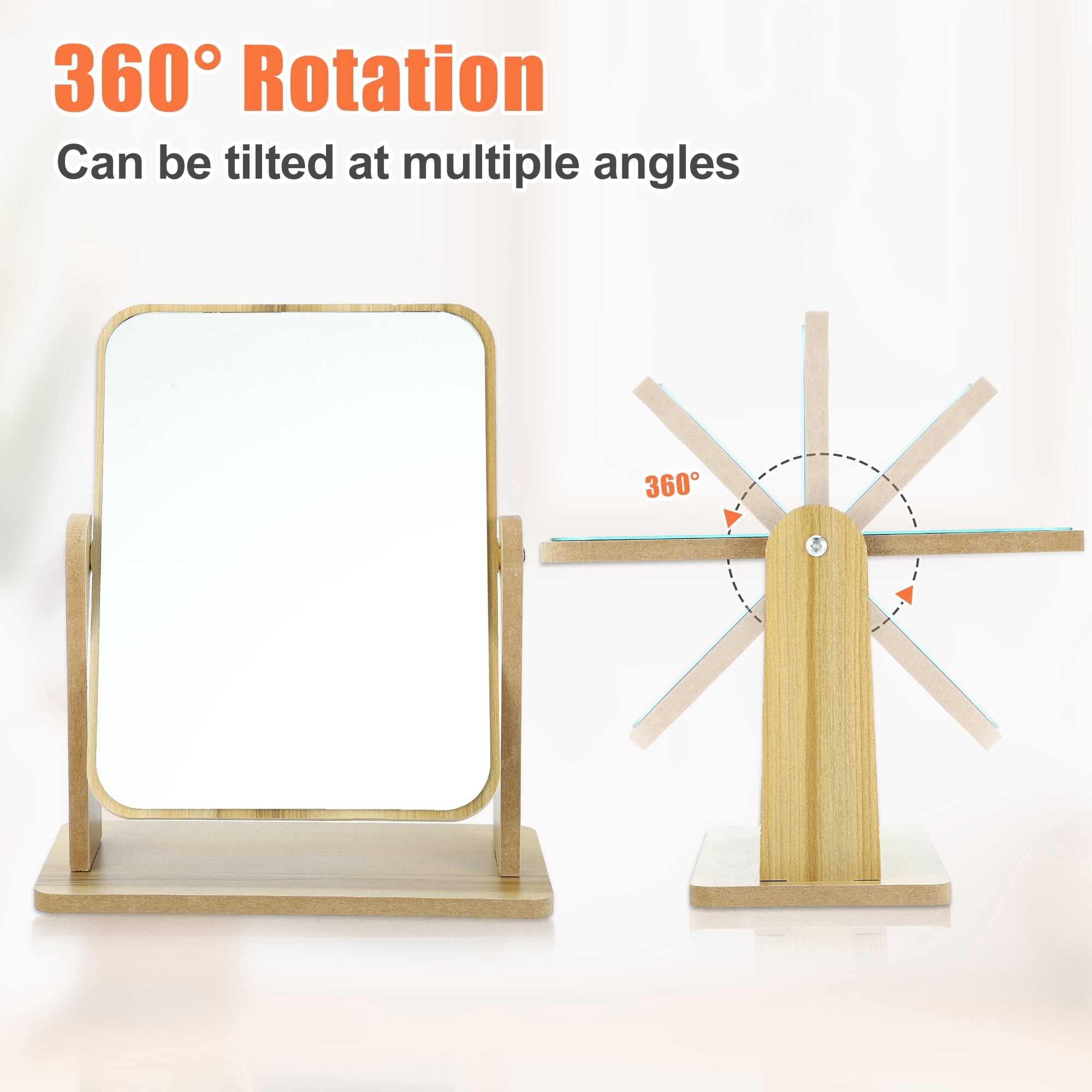 Unique Bargains Wooden Makeup Mirror 360 Rotating Desk Stand Beige 8.07"x3.94"x9.84"