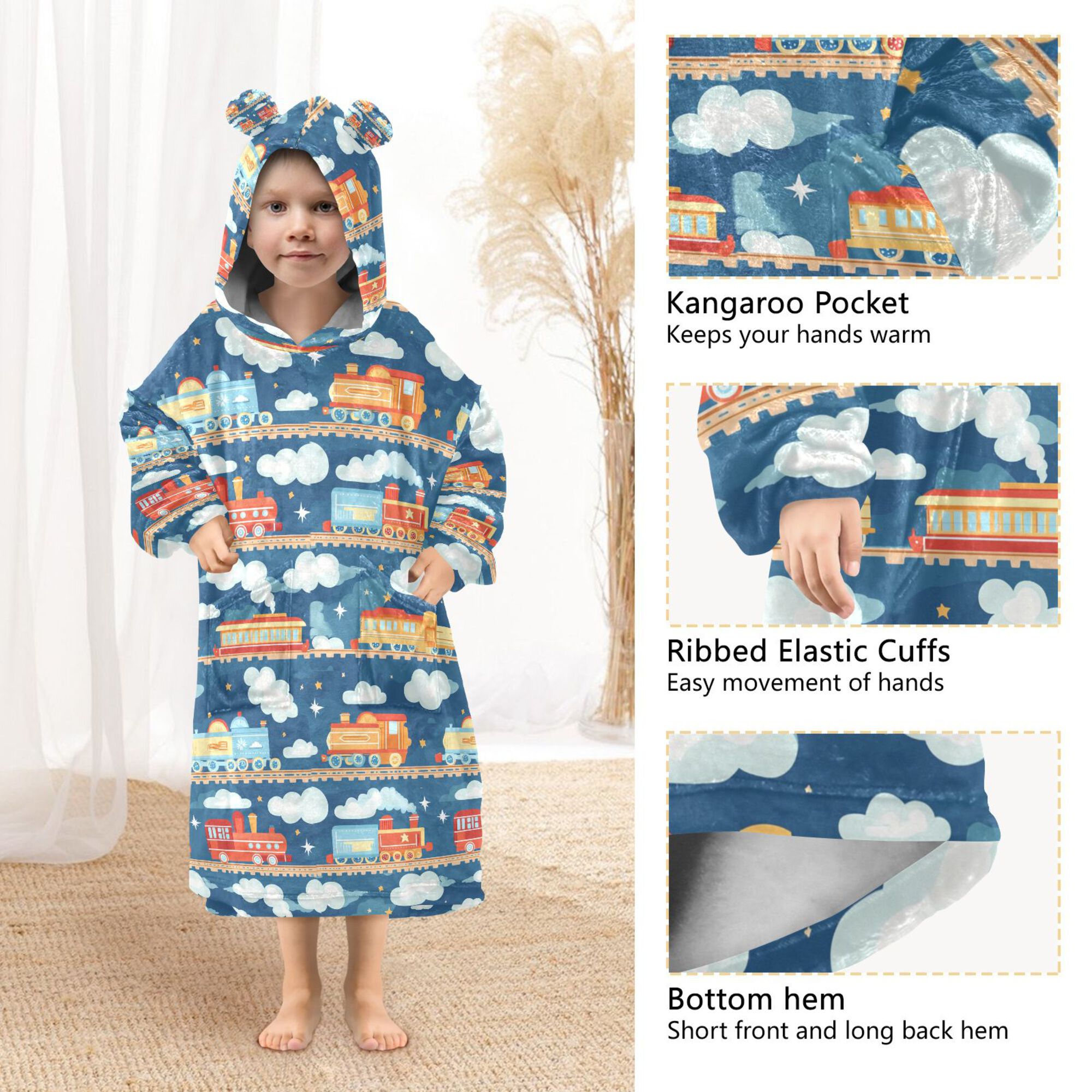 FORMRS Wearable Blanket Hoodie with Sleeves for Kids Cozy Flannel Sweatshirt, Blue Cute Train Pattern