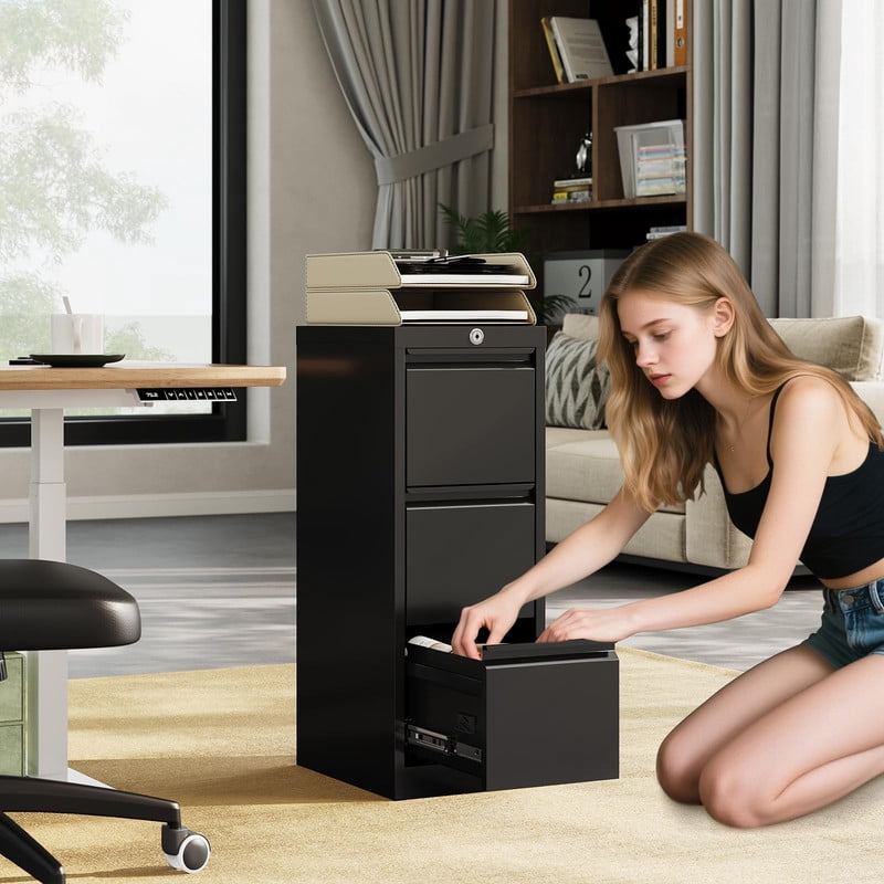 Towallmark 3 Drawer File Cabinet With Lock, Vertical Metal Filing Cabinet For Home/Office, Letter/Legal/A4/F4 File Storage Cabinet, Locking Document Organizer, Black