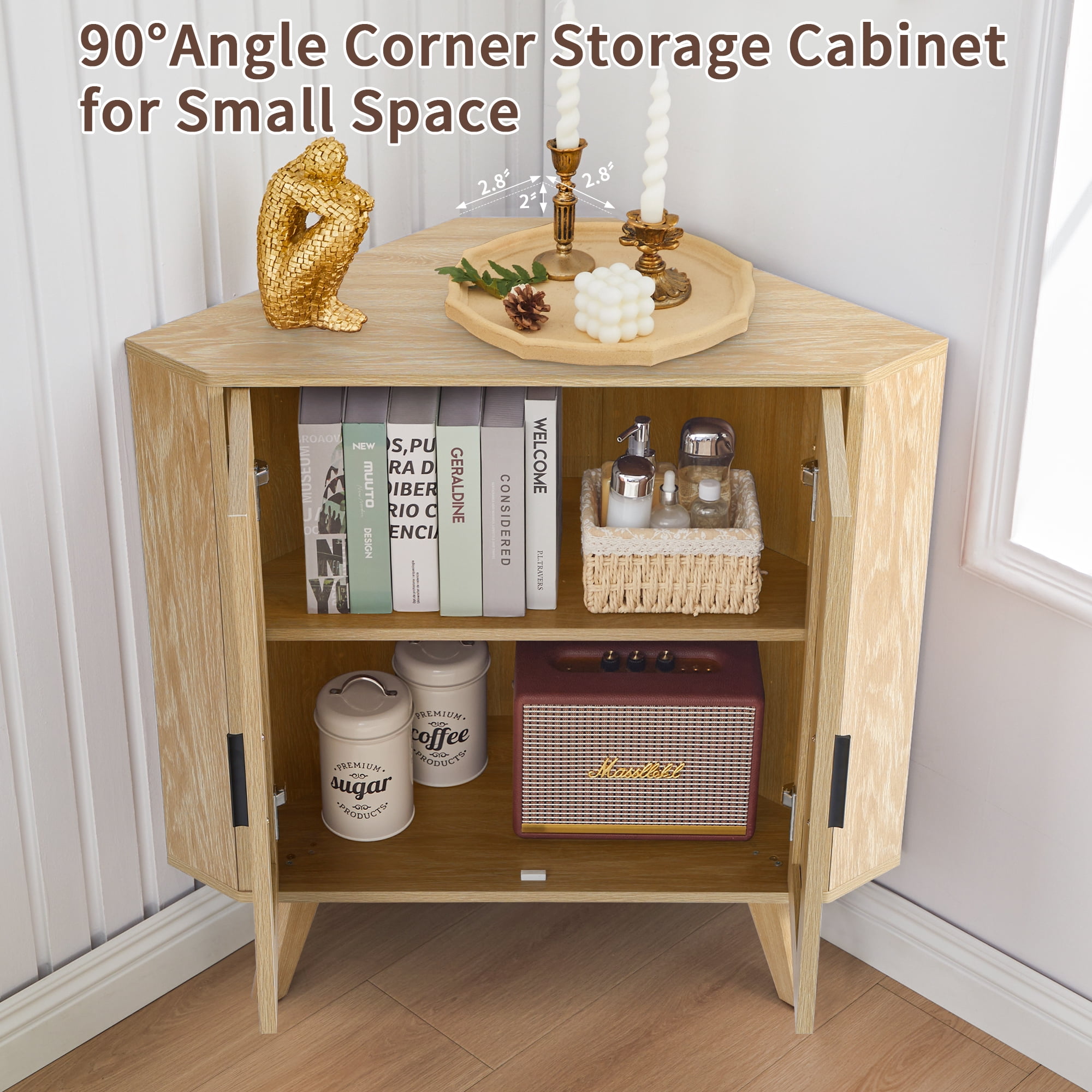 Fluted Corner Cabinet with 2 Doors & Adjustable Shelves, Space-Saving Floor Storage Cabinet for Bathroom, Kitchen, Living Room, Modern Freestanding Organizer (Oak)