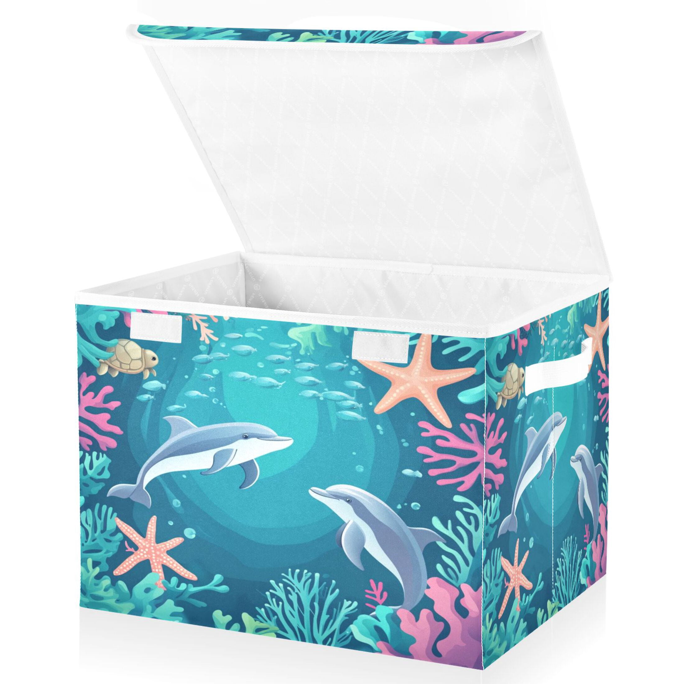 WOBOGO Dolphin Playful Picture Large Collapsible Storage Box Flip Lid Fabric Decorative Organizer Container Basket with Handles 16.5×12.6×11.8in