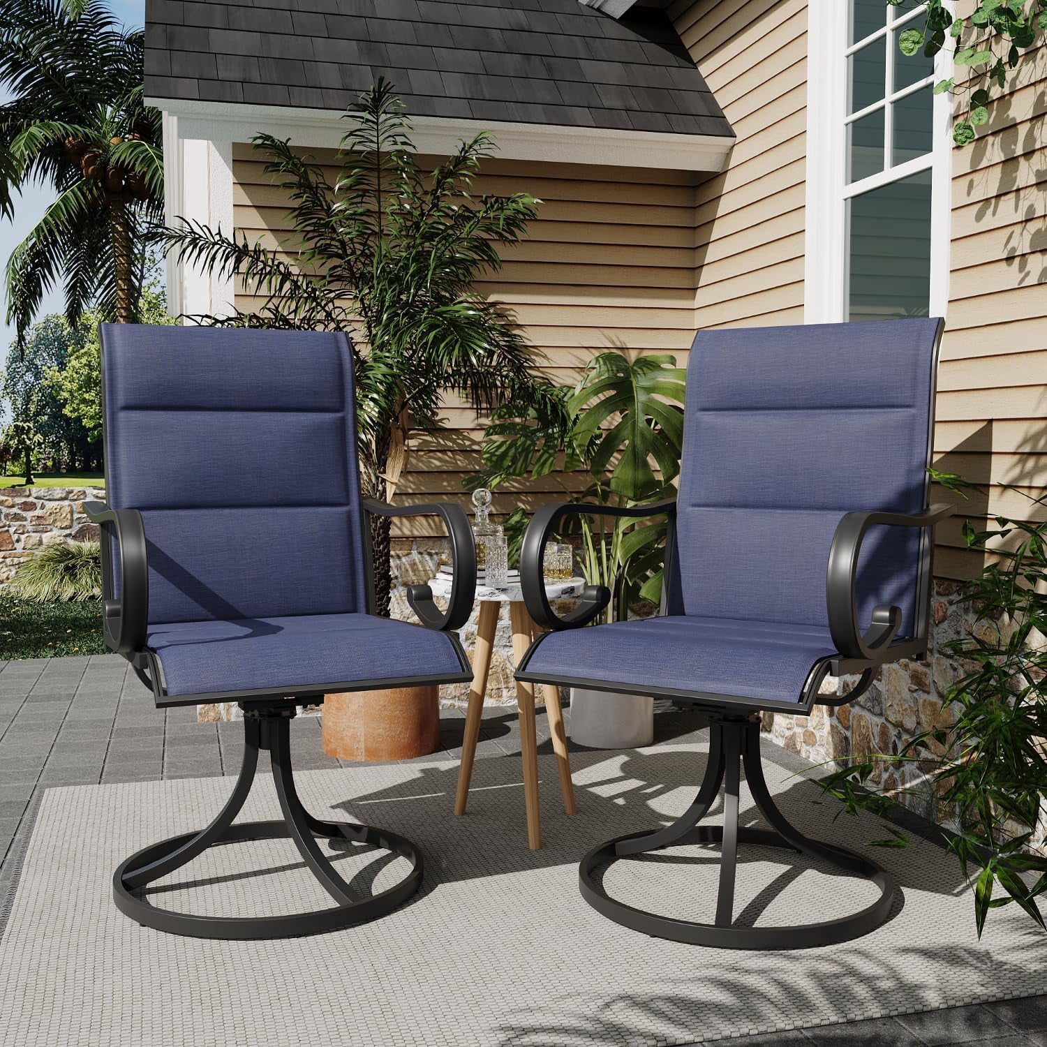 MELLCOM Patio Swivel Chair Set of 2, High Back Padded Textilene Outdoor Dining Chairs with Metal Frame, All-Weather Outdoor Furniture Rocker for Backyard, Navy